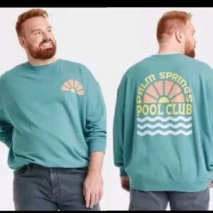 NWT Teal Blue French Terry "Palm Springs Pool Club" Pullover Sweatshirt Sz XXL